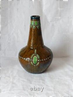 Farnham Art Pottery Ceramic Vase Brown Green Geometric Decor Antique England