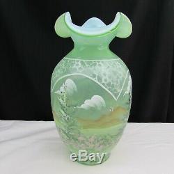 Fenton Green Opalescent Sample After the Rain Hand Painted Vase W2664
