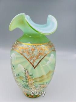 Fenton Green Opaline After the Rain Hand Painted Vase Special Order LE 2006