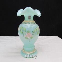 Fenton Green Opaline Floral Hand Painted Vase Special Order LE 1997 W2160