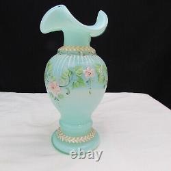 Fenton Green Opaline Floral Hand Painted Vase Special Order LE 1997 W2160