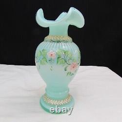 Fenton Green Opaline Floral Hand Painted Vase Special Order LE 1997 W2160