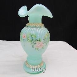 Fenton Green Opaline Floral Hand Painted Vase Special Order LE 1997 W2160
