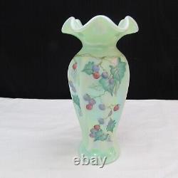 Fenton Sea Green Iridized Grapes Leaves Hand Painted Reversed Melon Vase LE 2399