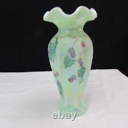 Fenton Sea Green Iridized Grapes Leaves Hand Painted Reversed Melon Vase LE 2399