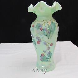 Fenton Sea Green Iridized Grapes Leaves Hand Painted Reversed Melon Vase LE 2399