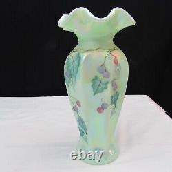 Fenton Sea Green Iridized Grapes Leaves Hand Painted Reversed Melon Vase LE 2399