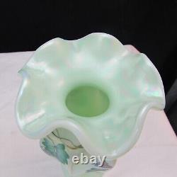 Fenton Sea Green Iridized Grapes Leaves Hand Painted Reversed Melon Vase LE 2399