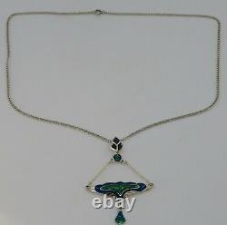 Fenton sterling silver & blue green enamel vintage Art Nouveau antique pendant