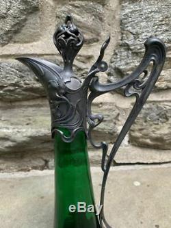 Fine 1900s WMF Art Nouveau Jugendstil pewter emerald green glass claret jug 16