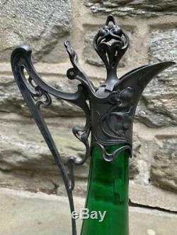 Fine 1900s WMF Art Nouveau Jugendstil pewter emerald green glass claret jug 16