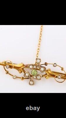 Fine ART NOUVEAU 9ct Gold Peridot & Seed Pearl Bar Brooch Hallmarked 1912