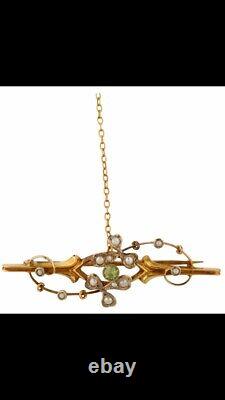 Fine ART NOUVEAU 9ct Gold Peridot & Seed Pearl Bar Brooch Hallmarked 1912
