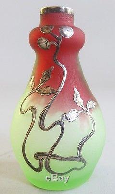 Fine ART NOUVEAU Silver Overlay Miniature Glass Vase c. 1900 Green to Pink