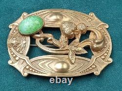 Fine Antique Art Nouveau Brass & Green Cabochon Glass Pin 3 x 2 C Clasp
