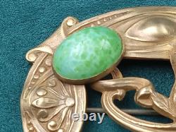 Fine Antique Art Nouveau Brass & Green Cabochon Glass Pin 3 x 2 C Clasp