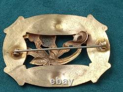 Fine Antique Art Nouveau Brass & Green Cabochon Glass Pin 3 x 2 C Clasp