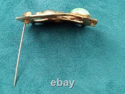 Fine Antique Art Nouveau Brass & Green Cabochon Glass Pin 3 x 2 C Clasp