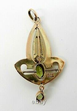 Fine Art Nouveau 9 Ct Gold 0.50 Ct Peridot & Pearl Drop Pendant On Belcher Chain