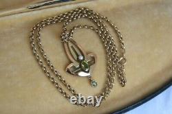 Fine Art Nouveau 9 Ct Gold 0.50 Ct Peridot & Pearl Drop Pendant On Belcher Chain