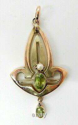 Fine Art Nouveau 9 Ct Gold 0.50 Ct Peridot & Pearl Drop Pendant On Belcher Chain