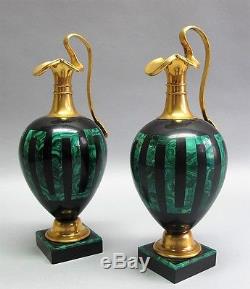 Fine Pair RUSSIAN ART NOUVEAU Gilt Bronze & Malachite Ewers c. 1905 antique