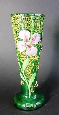 Fine & Rare MONT JOYE FRENCH Art Glass Vase with Applied Bees & Spider Web c. 1910