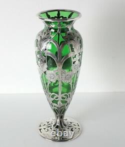 Fine Silver Overlay on green glass Vase, Elegant floral designs Alvin