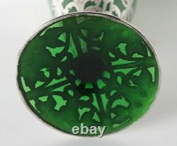 Fine Silver Overlay on green glass Vase, Elegant floral designs Alvin