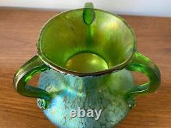 Fine Vintage Loetz Green Glass 3-handle Art Nouveau Vase With Silvery Oil Spots