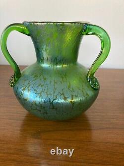 Fine Vintage Loetz Green Glass 3-handle Art Nouveau Vase With Silvery Oil Spots