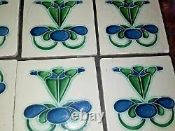 Fine set 8 pure art nouveau tiles J P & S maker green & blue