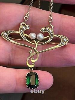 Finest 15ct gold Antique Art Nouveau green tourmaline and pearl pendant