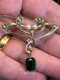 Finest 15ct gold Antique Art Nouveau green tourmaline and pearl pendant