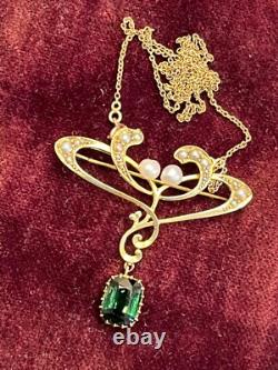 Finest 15ct gold Antique Art Nouveau green tourmaline and pearl pendant
