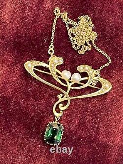 Finest 15ct gold Antique Art Nouveau green tourmaline and pearl pendant