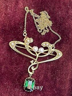 Finest 15ct gold Antique Art Nouveau green tourmaline and pearl pendant