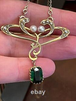 Finest 15ct gold Antique Art Nouveau green tourmaline and pearl pendant