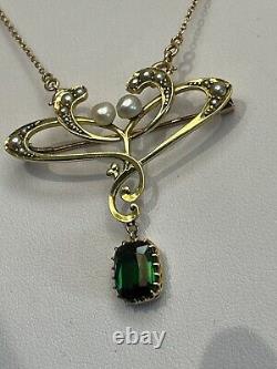 Finest 15ct gold Antique Art Nouveau green tourmaline and pearl pendant