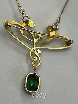 Finest 15ct gold Antique Art Nouveau green tourmaline and pearl pendant