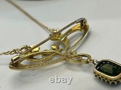 Finest 15ct gold Antique Art Nouveau green tourmaline and pearl pendant