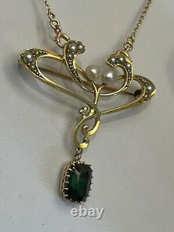 Finest 15ct gold Antique Art Nouveau green tourmaline and pearl pendant