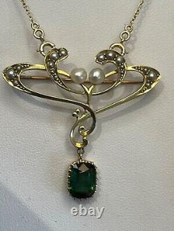 Finest 15ct gold Antique Art Nouveau green tourmaline and pearl pendant