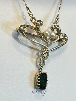 Finest 15ct gold Antique Art Nouveau green tourmaline and pearl pendant