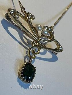 Finest 15ct gold Antique Art Nouveau green tourmaline and pearl pendant