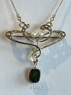 Finest 15ct gold Antique Art Nouveau green tourmaline and pearl pendant