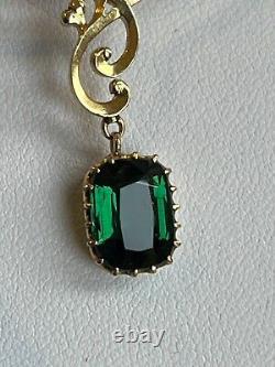 Finest 15ct gold Antique Art Nouveau green tourmaline and pearl pendant