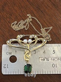 Finest 15ct gold Antique Art Nouveau green tourmaline and pearl pendant