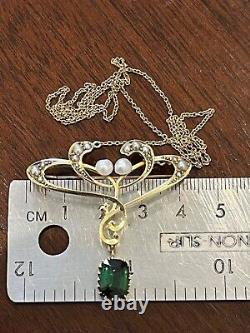 Finest 15ct gold Antique Art Nouveau green tourmaline and pearl pendant