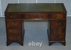 Flamed Mahogany With Green Leather Writing Surface Twin Pedestal Partner Desk